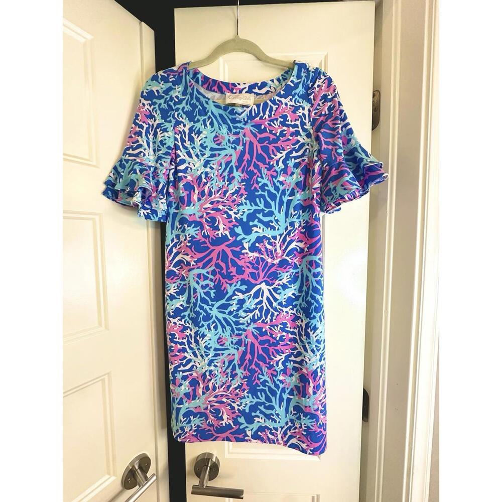 Pappagallo Ocean Print Ruffled Sleeve Shift Dress Size XS